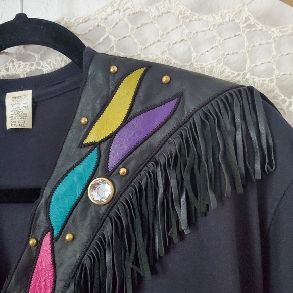 Vintage 80s V-Neck Short Sleeve Boho Western Jeweled Fringe Womens Black Top O/S - Picture 3 of 7